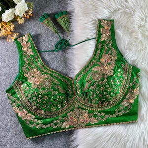 Green Sabyasachi Inspired Neck Bridal Blouse | Beads Work & Heavy Embroidery Blouse | Padded n Back Open Design | Ready-to-Wear Sabyasachi Blouse