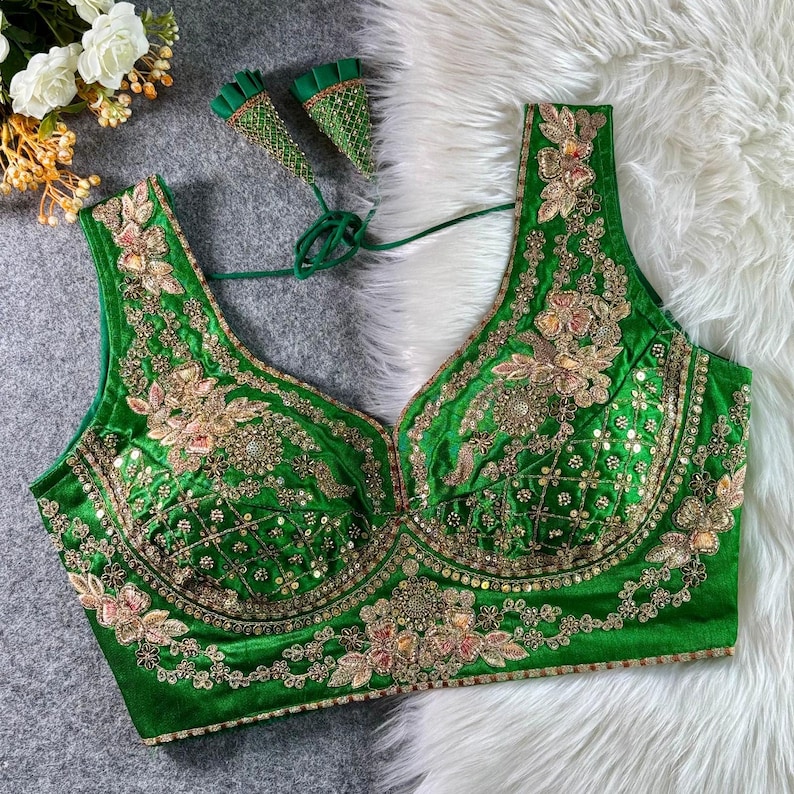 Green Sabyasachi Inspired Neck Bridal Blouse | Beads Work & Heavy Embroidery Blouse | Padded n Back Open Design | Ready-to-Wear Sabyasachi Blouse