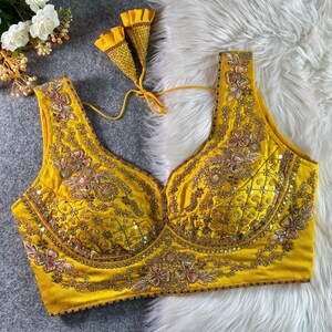Yellow Sabyasachi Inspired Neck Bridal Blouse | Beads Work & Heavy Embroidery Blouse | Padded n Back Open Design | Ready-to-Wear Sabyasachi Blouse