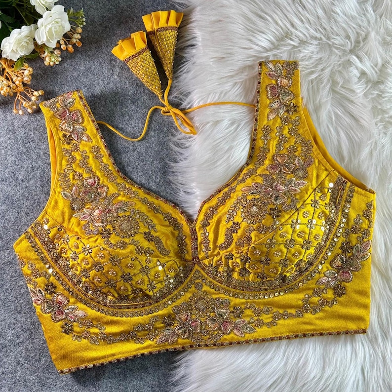 Yellow Sabyasachi Inspired Neck Bridal Blouse | Beads Work & Heavy Embroidery Blouse | Padded n Back Open Design | Ready-to-Wear Sabyasachi Blouse