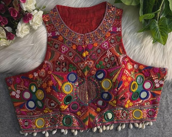 Navratri Sleeveless Mirror Work Front Open Blouse | Embroidery Hand Mirror Work | Padded Front Open with Hooks | Halter Neck Garba Blouse
