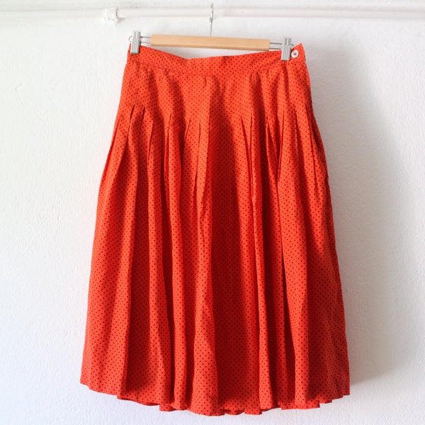 vintage pleated skirt / orange polka dots / 1950s inspired /knee-length skirt / elastic waist / rock a billy