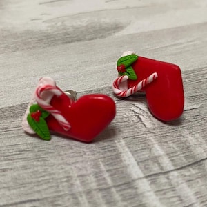 Christmas Stocking Earrings – Handmade Fimo Holiday Jewelry, Cute and Festive Earrings, Original Gift for Winter and Xmas Lovers