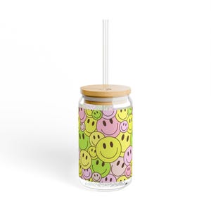 Vaso con sorbete de caras sonrientes, 16 oz, con tapa y pajita, ideal para picnics de verano, con adorables emoticonos para niños y adultos.