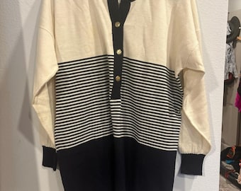 Vintage JAEGER 100% wollen colorblock gestreepte gebreide Henley-tuniekrui