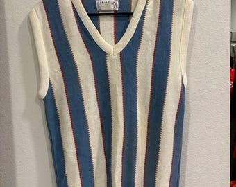 Vintage Mark Scot Striped Sweater Vest Cream Blue Red Small Golf Prep