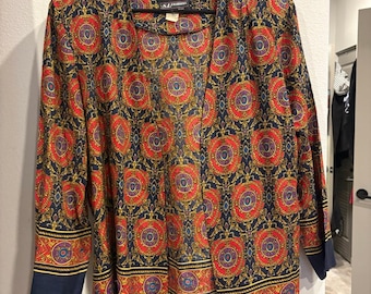 Chaqueta cárdigan vintage de S.L. Fashions con estampado de medallón y frente abierto, estilo bohemio de los 80, en tono sedoso.