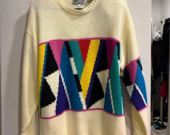 Vintage Tres‑Elle 80s Cream Geometric Colorblock Knit Sweater Size L