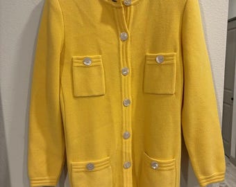 Vintage VTG Worldly Things Italië geel gebreid damesvest vest met 4 zakken M/L