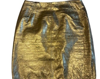 Vintage 80s Michael Hoban North Beach Gold Metallic Leather Mini Skirt VTG