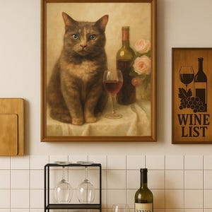 猫のワインキッチンアートプリント • 面白い三毛猫の壁飾り • ワイン愛好家へのギフト • 素朴なデジタルダウンロード • 印刷可能な動物アート
