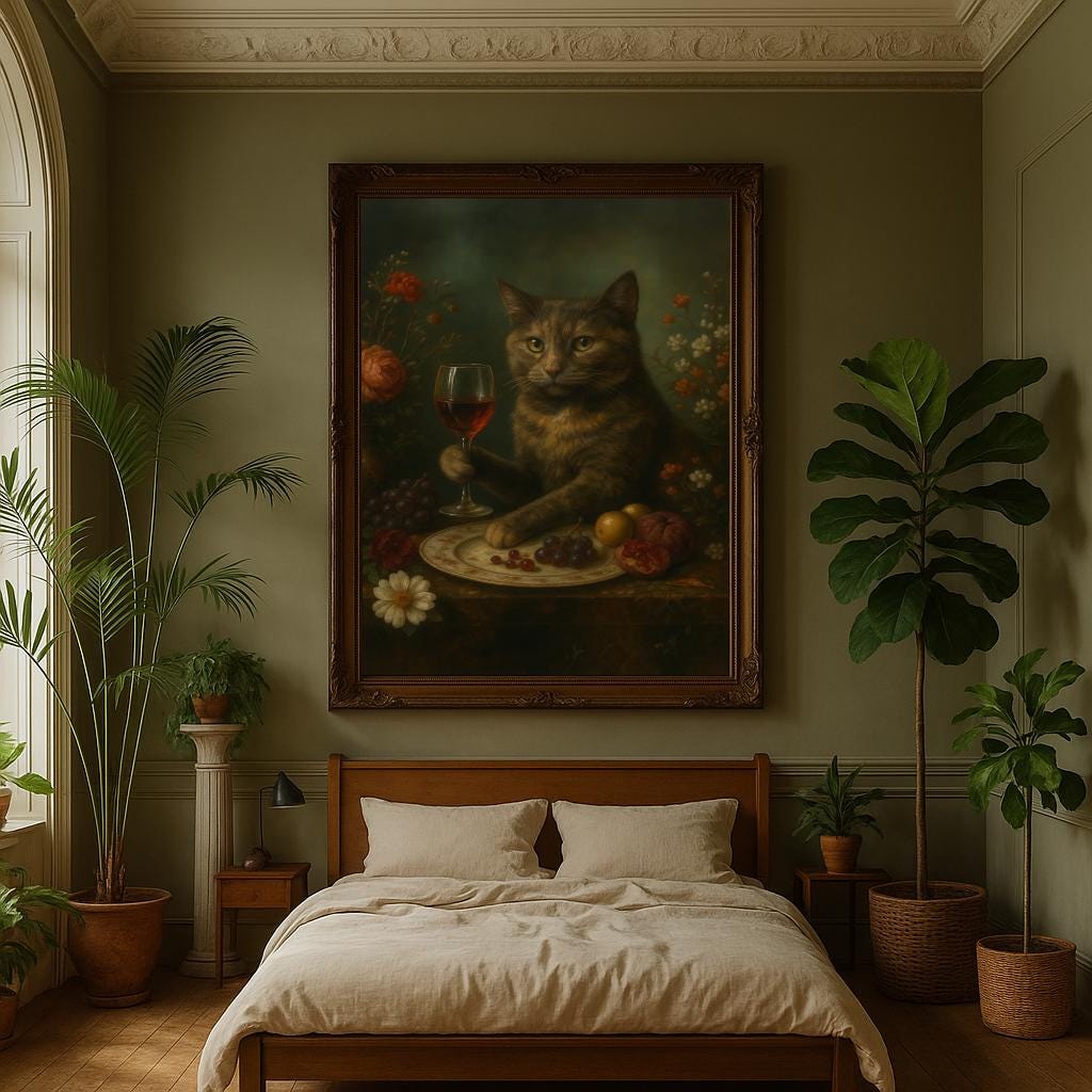 Whimsical Tortoiseshell Cat Wine Art Print – Vintage Baroque Style Cat ...