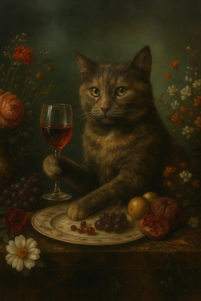 Whimsical Tortoiseshell Cat Wine Art Print – Vintage Baroque Style Cat ...