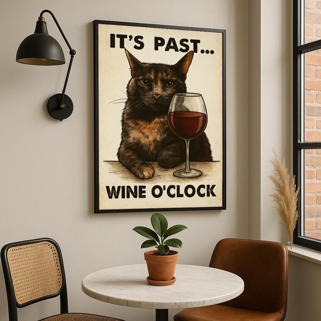 Funny Cat Wine Wall Art Printable | Tortoiseshell Cat Wine O’clock ...