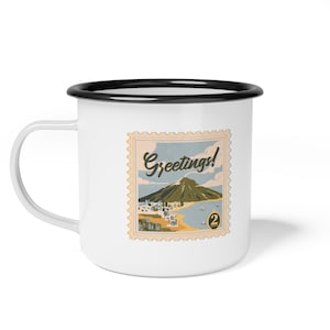Taza de campamento esmaltada de inspiración vintage, taza de aventura, taza de viaje, taza de felicitación, artículos para beber al aire libre, regalo para amantes de la naturaleza