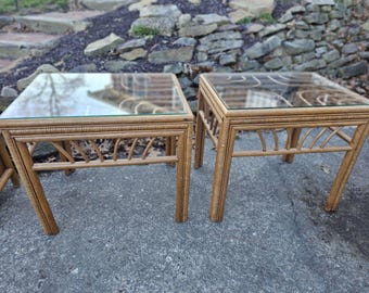 Set of 2 Rattan Cane Side Tables with Glass Tops – Bohemian Retro Bamboo Furniture