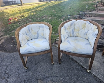 Vintage Bernhardt Rattan Barrel Chairs Pair, Sculpted Walnut, Tufted Cushions