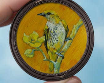Miniature artwork bird oil painting Mini round original painting gift for birds lover One piece wall art Tiny oil painting
