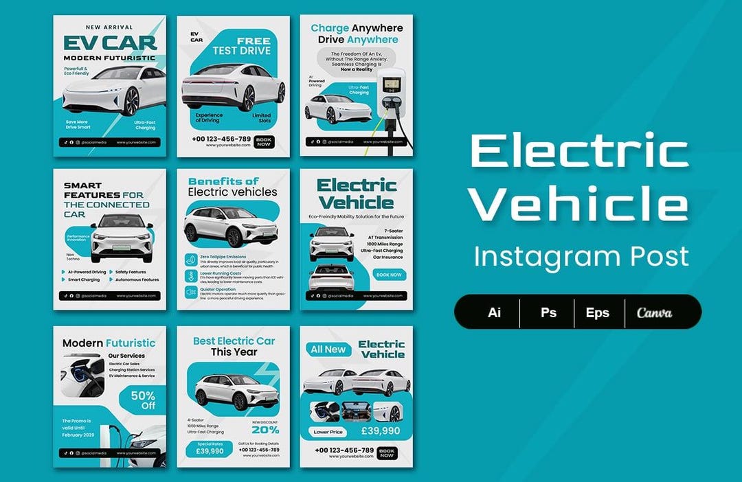Electric Car Instagram Post Template Canva Editable EV Vehicle Social ...