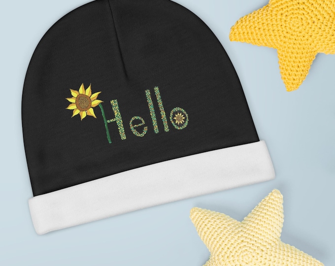 Sunflower Hello Baby Beanie | Floral Infant Knit Hat
