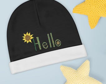 Sunflower Hello Baby Beanie | Floral Infant Knit Hat