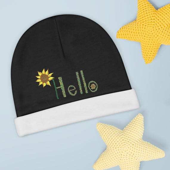 Sunflower Hello Baby Beanie | Floral Infant Knit Hat