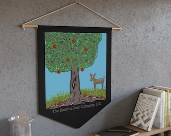 Deer Under Apple Tree Pennant | Bashful Deer Banner, Farm Orchard Decor