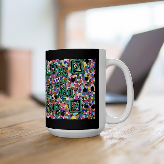 Coffee Tea Soup Checklist mug | Colorful confetti pattern ceramic mug