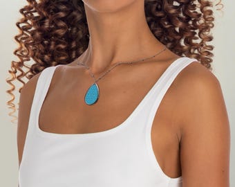 Blue Heart Pattern Love Oval Necklace | Teardrop Pendant Chain