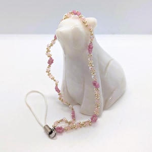 Fairycore Handmade Beaded Phone Charm with Wrist Strap, Delicate Iridescent Pink Flowers