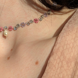 Fairycore Handmade Beaded Choker Necklace, Delicate Pink and Purple Flowers, Freshwater Pearl Pendant