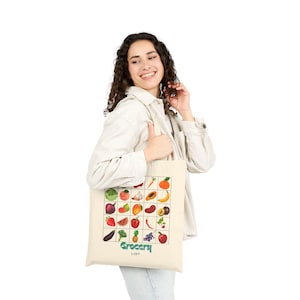 Grocery List Cotton Canvas Tote Bag, Eco-Friendly Shopping Bag, Reusable Tote, Farmer&#39;s Market Bag, Gift for Vegans, Kitchen Organizer