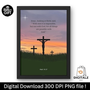 Christian Wall Art Digital Download | Mark 10:27 Bible Verse Quote | With God All Things Are Possible Script Print | Faith Based Home Decor