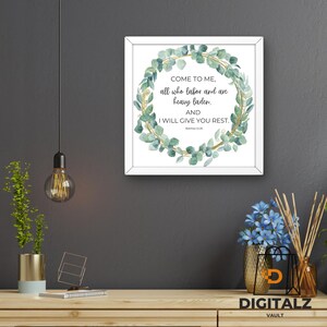 Bible Verse Wall Art Digital Print | Matthew 11:28 Scripture Quote | Christian Home Decor |Square Format Print | Inspirational Faith Design