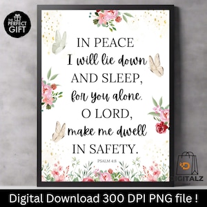 May include: A framed print featuring the words "IN PEACE I will lie down AND SLEEP, for you alone. O LORD, make me dwell IN SAFETY." Floral and butterfly illustrations decorate the text. The words "THE PERFECT GIFT" are in a circle.