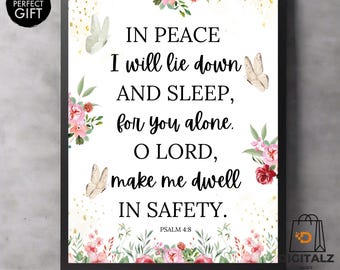 Arte mural imprimible del Salmo 4:8 / Versículo bíblico "En paz dormiré" / Decoración floral cristiana / Descarga digital de las Escrituras