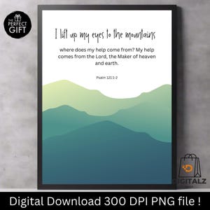 Art mural Psaume 121 à imprimer | Citation chrétienne des écritures de montagne | Décoration de versets bibliques sur la foi | Téléchargement numérique religieux