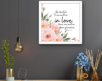 Romans 12:10 Bible Verse Wall Art | Be Devoted in Love Scripture Print | Christian Digital Download | Floral Faith Home Decor