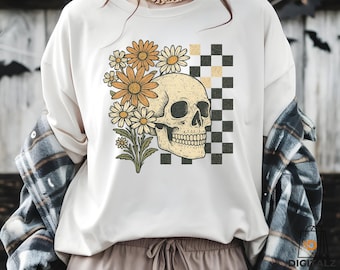Diseño de camiseta de Halloween con calavera y flores / Descarga digital PNG / Calavera gótica vintage y margaritas / Arte de sublimación de tablero de ajedrez 300 DPI