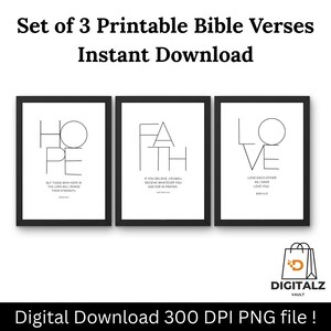 Peut inclure: Ensemble de trois impressions encadrées avec les mots "Espoir", "Foi" et "Amour" dans un design minimaliste. Chaque impression présente un verset biblique. Les impressions sont en noir et blanc et sont disponibles en téléchargement numérique instantané.