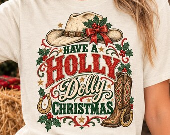 PNG de Natal Holly Dolly, Design de Natal de Cowboy do Oeste, Sublimação de Cowgirl do Oeste, Camiseta Vintage para Presente, Download Digital