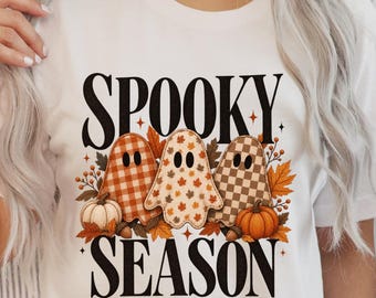 Fantasma de Halloween da Temporada Assustadora PNG, Camisa Xadrez Vintage com Efeito Patchwork, Design Western Sublimado para o Outono, Presente para Ela, Download Digital