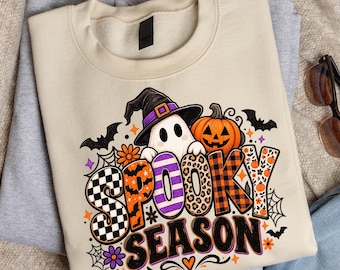 PNG da Temporada Assustadora, Design de Sublimação de Fantasma de Halloween, Camiseta Retrô com Patchwork de Leopardo, Estampa Vintage de Bruxa, Fantasma e Abóbora, Download Digital