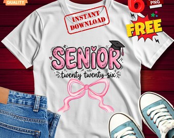 Pacchetto PNG Senior 2026, design Coquette Graduation Mom, file per sublimazione Classe 2026