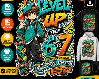 Design de camiseta de skate para o 7º ano, volta às aulas (PNG e SVG), transição do 6º para o 7º ano, primeiro dia de aula (2026/2027) - Download digital
