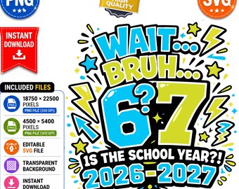 Funny Wait Bruh 6? 7? Is The School Year PNG SVG, Back to School 2026-2027 Sublimation Design, Teacher Student Shirt Download