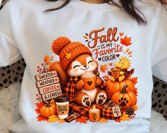 PNG de esquilo aconchegante de outono, clipart moderno de outono e Halloween, design de sublimação de abóbora com café para clima de suéter, popular agora, download digital.
