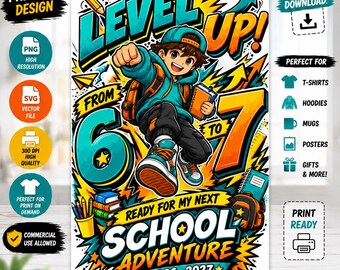 Suba de nível, 6º para 7º ano, PNG, SVG, Volta às aulas, 7º ano, Camiseta masculina, Sublimação, 2026-2027, Download digital