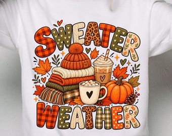 PNG de clima de suéter, design de sublimação de outono, clipart de outono, PNG de abóbora para o Dia de Ação de Graças, é a época, camiseta retrô, download digital