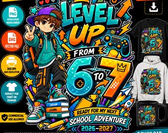 Suba de nível do 6º para o 7º ano PNG, Design de sublimação para volta às aulas para gamers, Camiseta gamer masculina SVG, Download digital para o 2º ano, Turma de 2026-2027